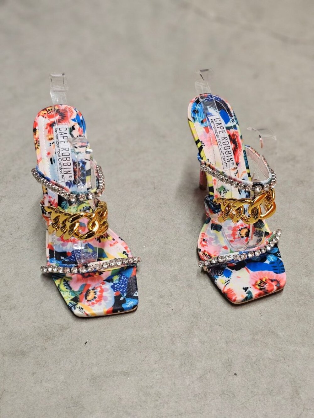Floral Open-Toe High Heels With Rhinestone & Gold Chain Straps Multicolor Womens - Picture 12 of 14